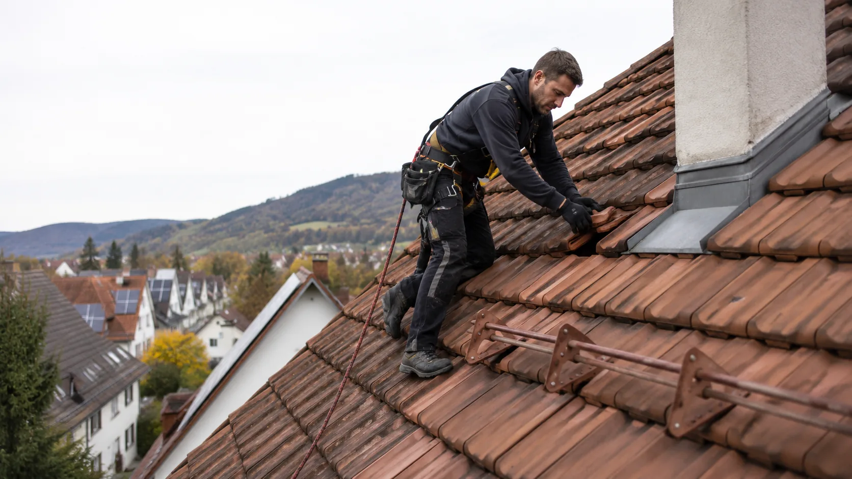 Handwerker mit Sicherungsgurt ersetzt Dachziegel, Dachreparatur in Freiburg