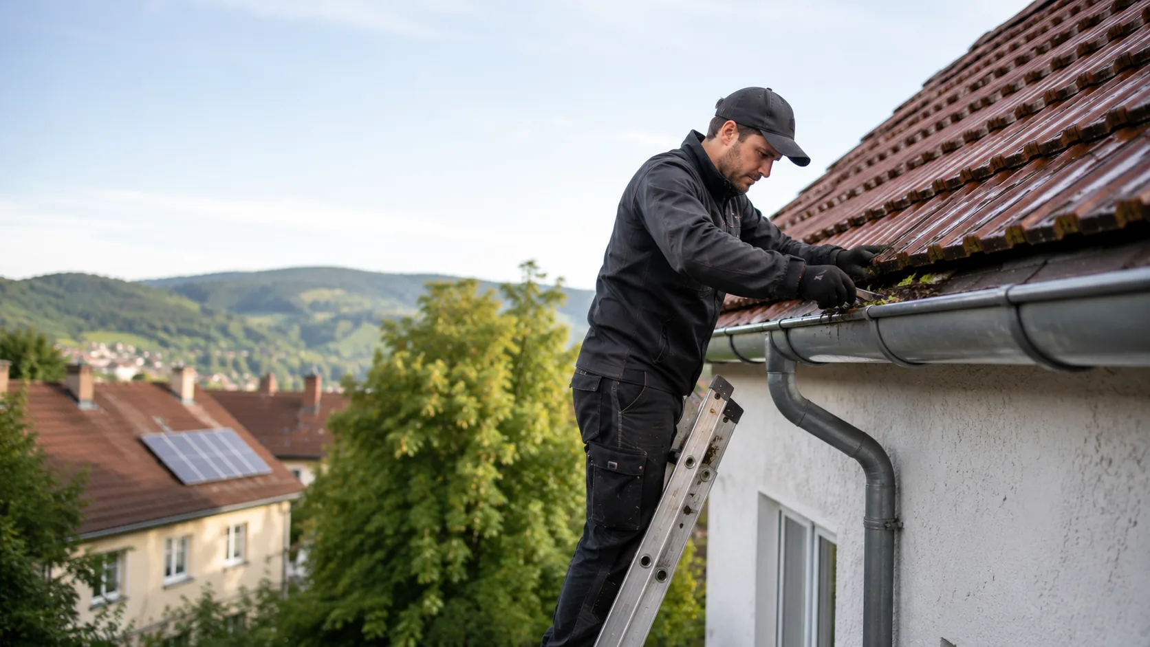 Reinigung einer Dachrinne, Laub wird entfernt