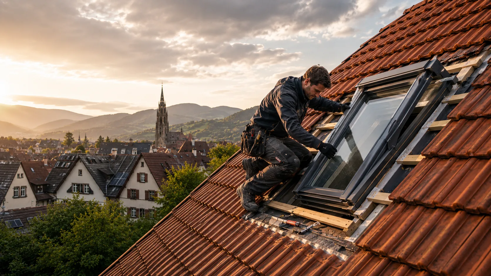 Rotes Ziegeldach mit mehreren Dachfenstern in Freiburg