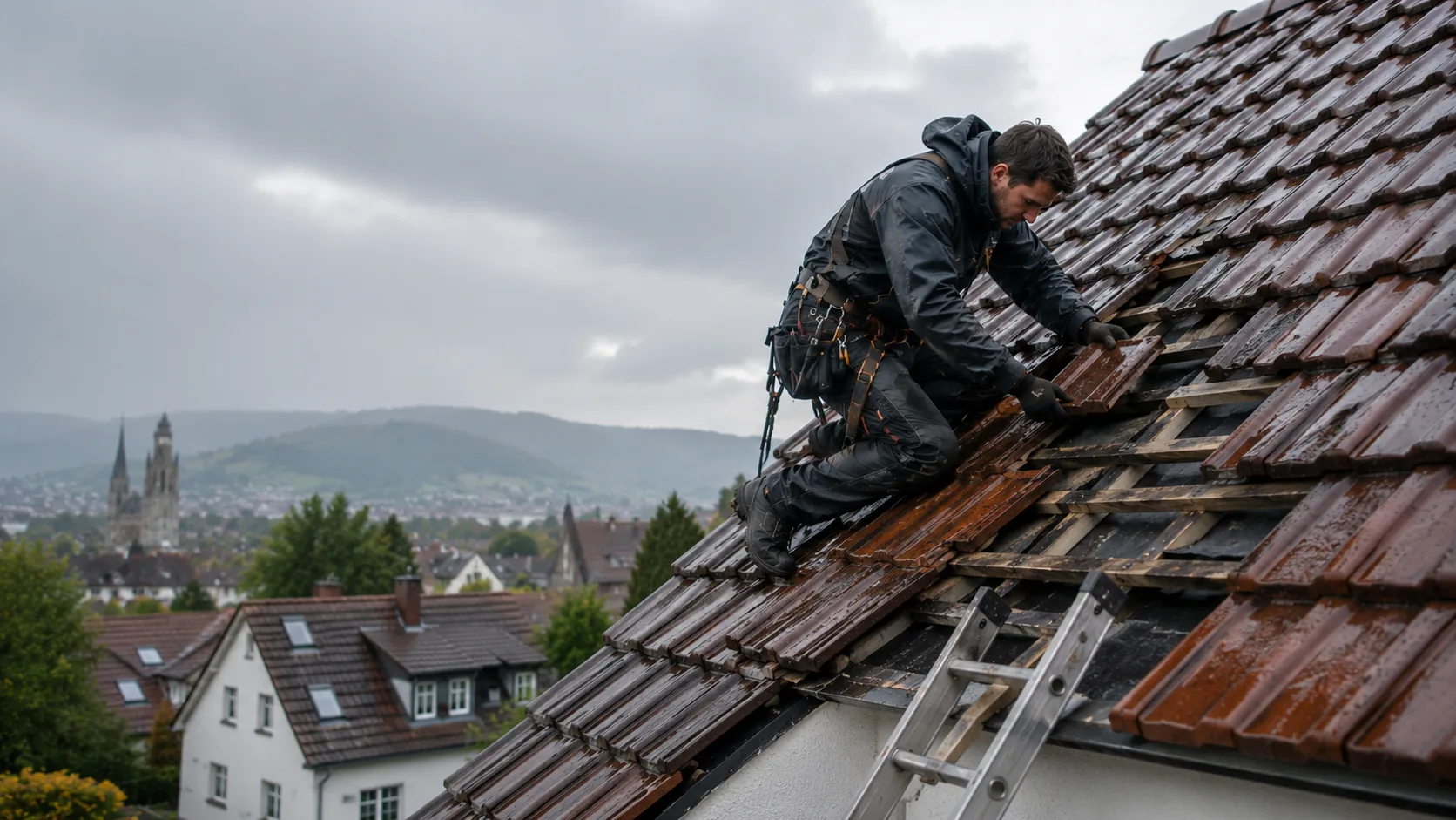 Sturmschaden Reparatur in Freiburg, Dachservice auf Hubsteiger